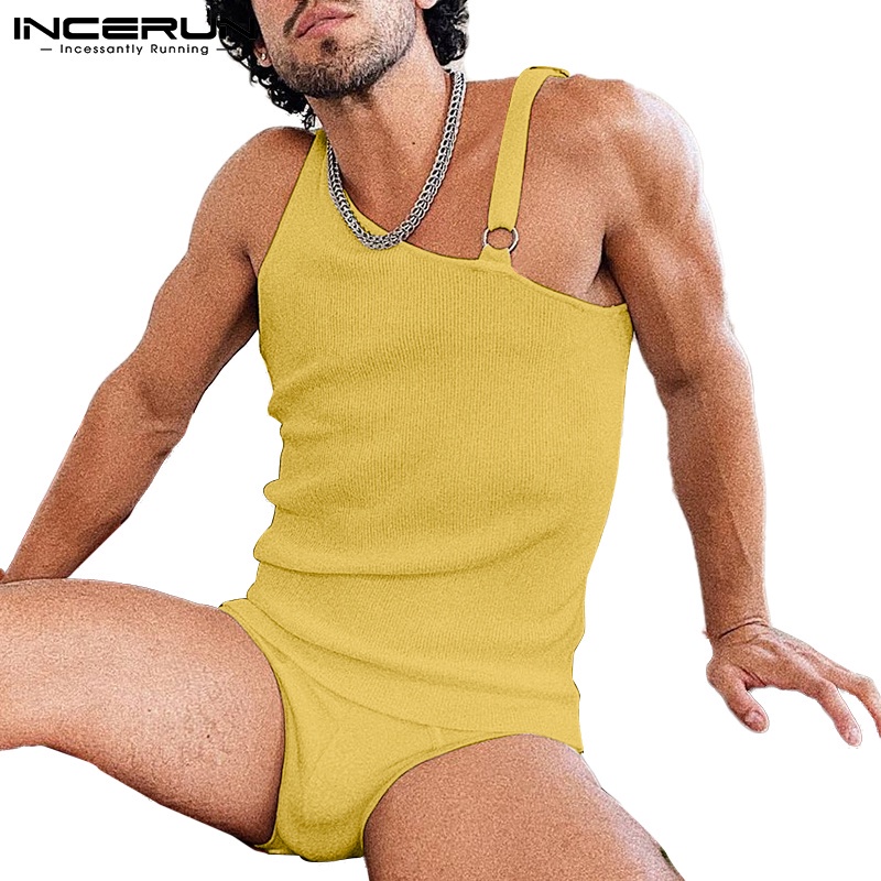 Áo INCERUN không tay phối dây dáng ôm màu trơn mùa hè cho nam