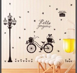 Decal tranh dán cột điện và xe đạp