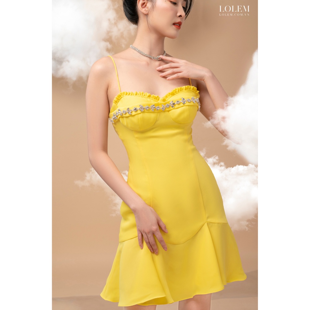 Đầm ôm body sexy LOLEM DO184 vải sạn lụa đuôi cá hai dây nhún ngực đính pha lê