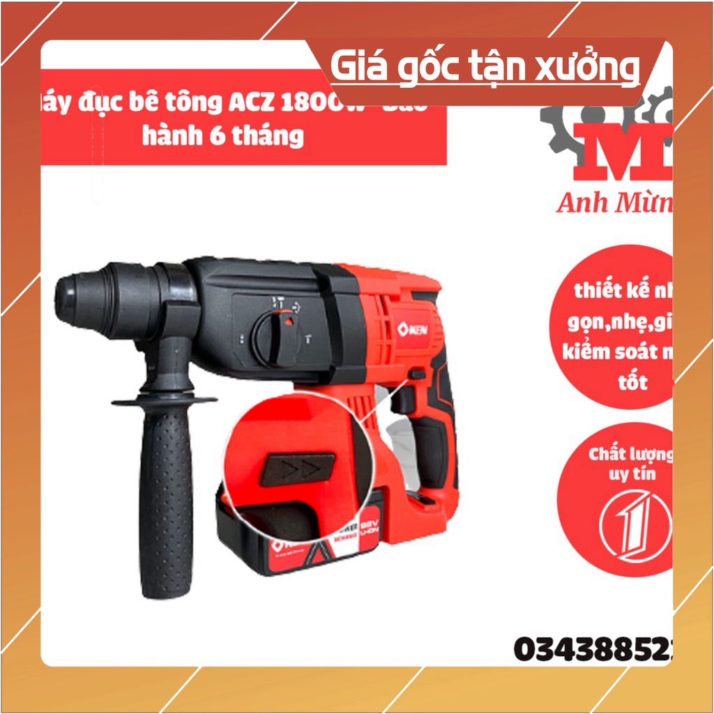 Máy khoan bê tông Ken chạy bằng pin chuẩn 10cell 3 chức năng khoan thường, khoan búa và đục
