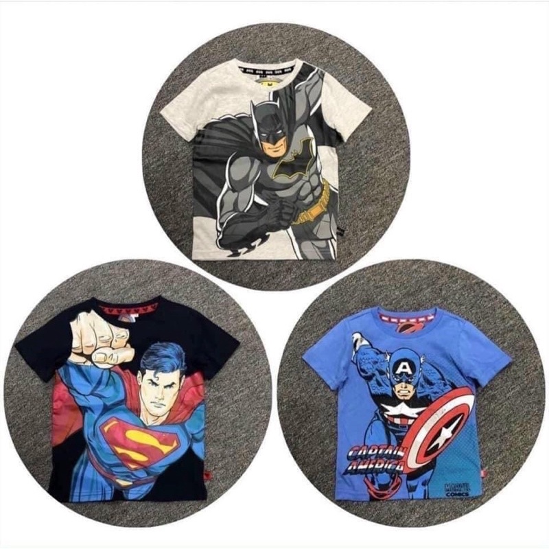 Set 3 áo thun cotton siêu anh hùng trẻ em, áo phông ngắn tay cổ tròn batman, người nhện, siêu nhân mềm mịn, thoáng mát