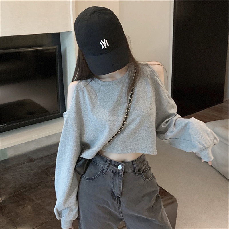 Áo Croptop Aimeehouse Áo thun nữ Tay Dài Trễ Vai Quyến rũ hàng Quảng Châu