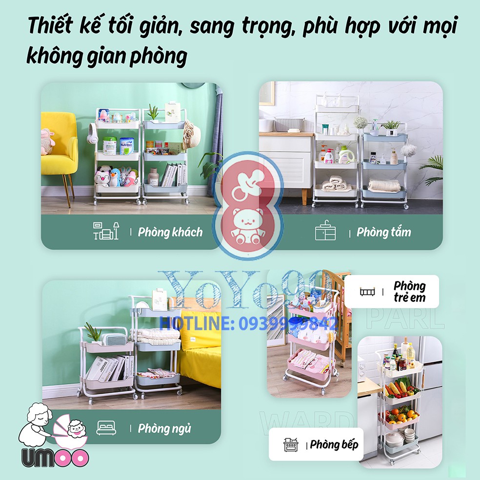 Kệ 3 tầng cao cấp Umoo có tay cầm và bánh xe