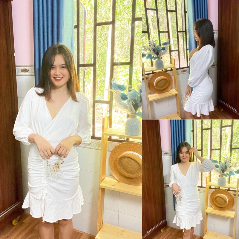 Đầm body trắng tay dài phối nhún phía đùi siêu sang