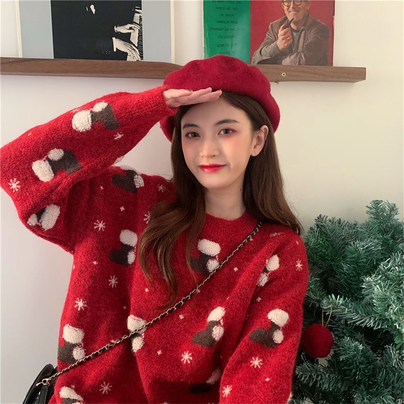 Hàng sẵn sàng🍓Áo len giáng sinh Áo dài tay màu đỏ Mùa thu đông mới Áo len cặp đôi