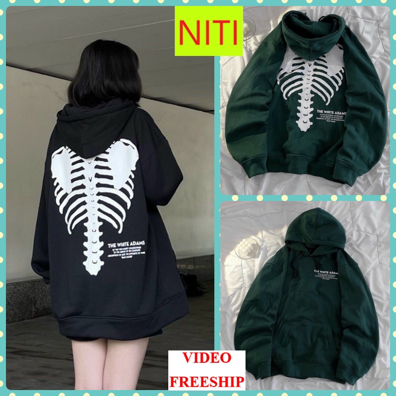 ÁO KHOÁC HOODIE CHUI ĐẦU NAM NỮ UNISEX IN ẢNH BỘ XƯƠNG MÀU XANH LÁ MÀU ĐEN DÀY DẶN CỰC PHÁ CÁCH NITIQC