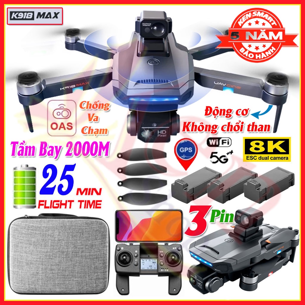 Flycam Giá Rẻ Điều Khiển Từ Xa 4 Cánh K918 Max, Drone Flycam 8K Mini, Fly Cam WiFi Pin Khỏe Bay Xa 2000M