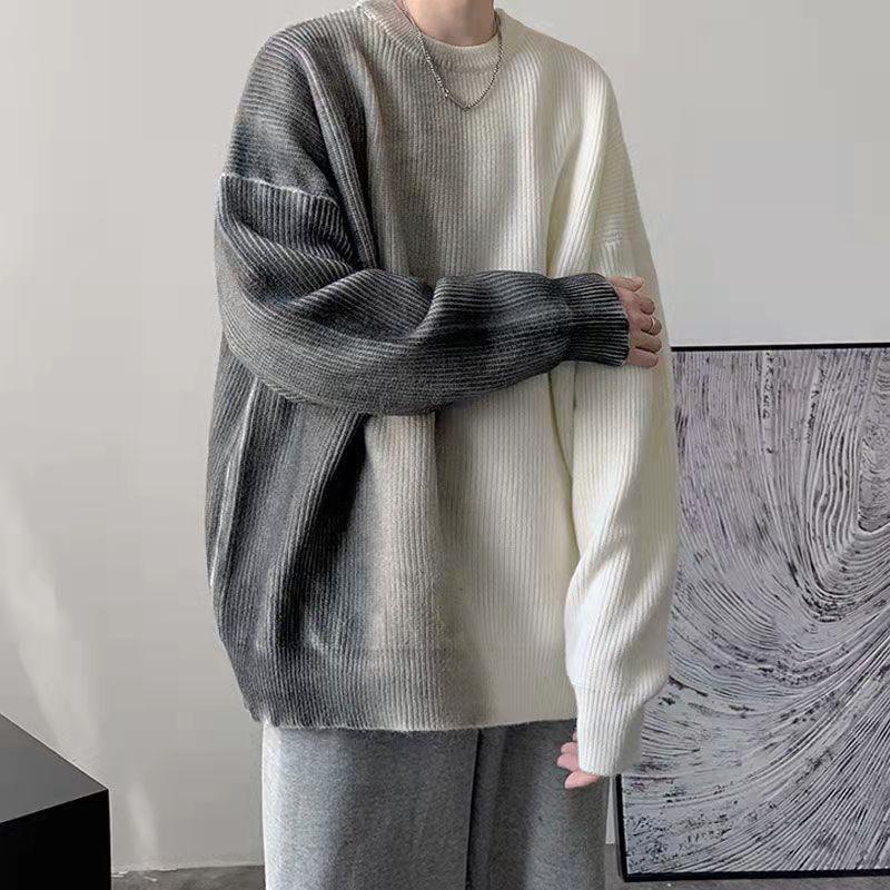 Áo Sweater Dệt Kim Cổ Tròn Dáng Rộng Màu Nhuộm Gradient Kiểu Đường Phố Hồng Kông Thời Trang Thu Đông Cho Nam