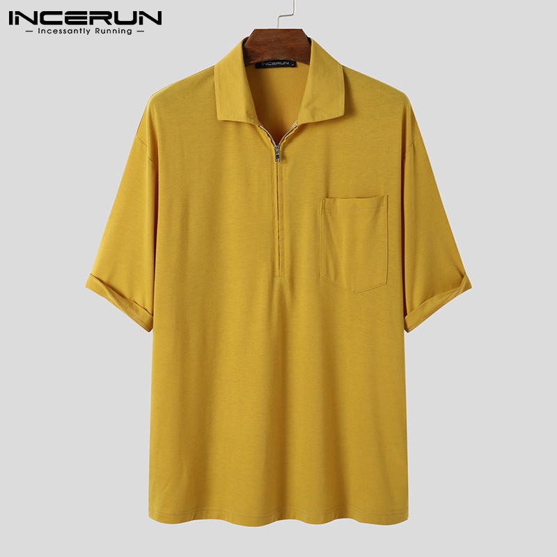 Áo polo INCERUN cổ lật ngắn tay dáng rộng đơn giản màu trơn thời trang dành cho nam
