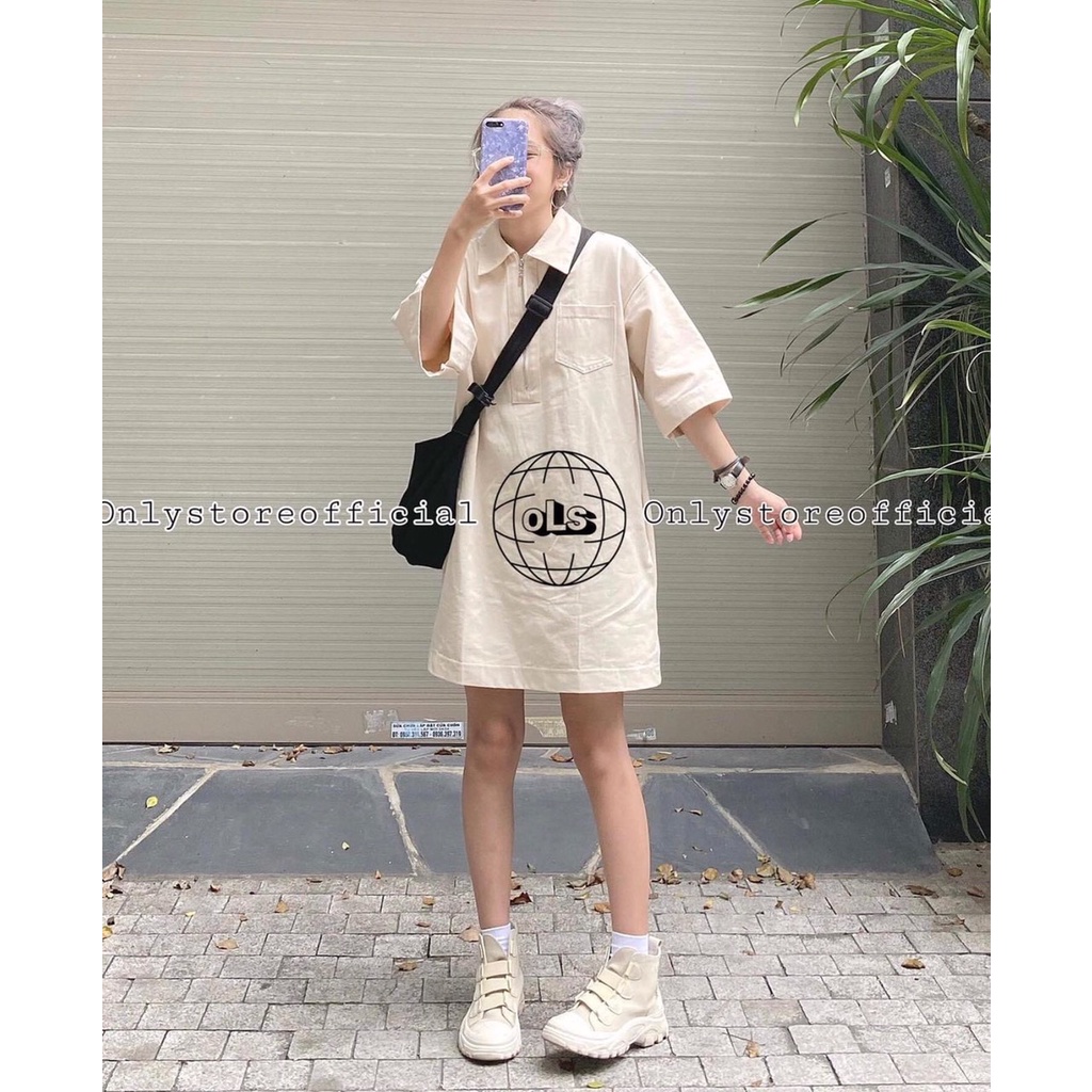 Váy polo nữ dáng suông màu be form rộng unisex tay lỡ cá tính Ulzzang chất su co dãn dày dặn Xưởng sỉ nguyễn hoa | BigBuy360 - bigbuy360.vn