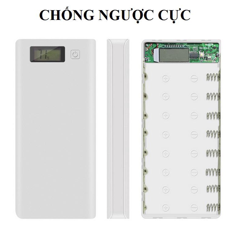 [CHỐNG NGƯỢC CỰC)Khung 8 pin sạc dự phòng 30.000mAh dùng pin laptop 18650 (Trắng, chưa pin), box sạc d