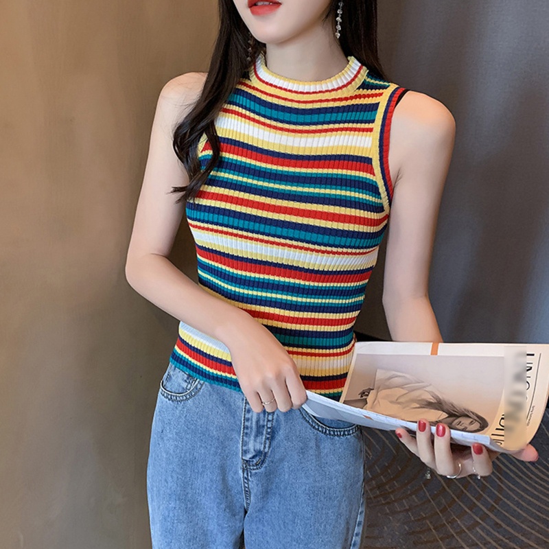 Áo Croptop Dệt Kim Sát Nách Cổ Tròn Họa Tiết Kẻ Sọc Màu Cầu Vồng Thời Trang Cho Nữ