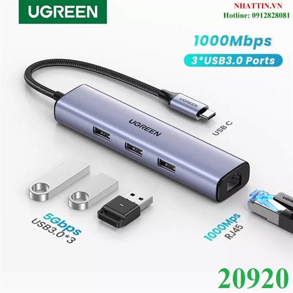 Hub chuyển đổi USB Type-C ra Lan 1000Mbps Kèm HUB 3 Cổng USB 3.0 Ugreen 20920 cao cấp