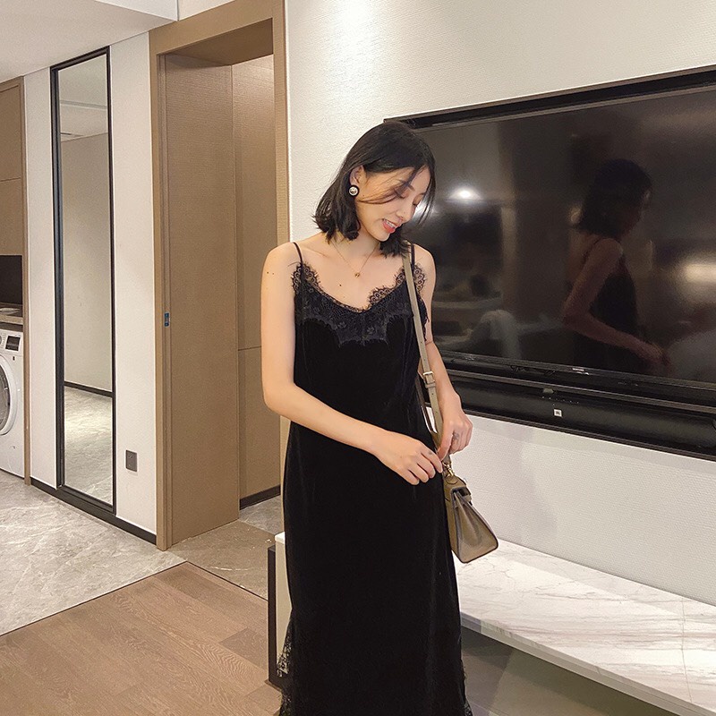 Đầm Ngủ Nhung Tiểu Thư Dáng Dài Phối Ren Sang Chảnh Quyển Rũ Minhduongct