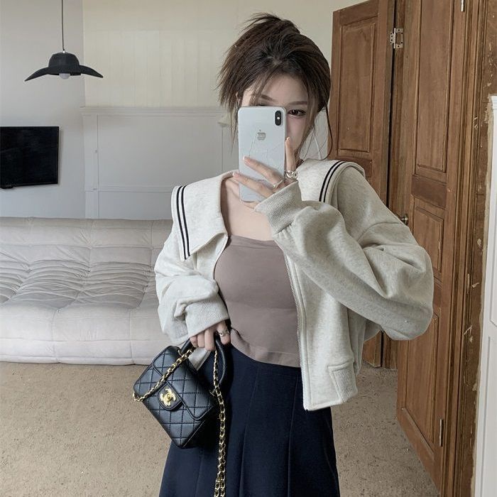 Jiashucheng Áo Khoác Sweatshirt Tay Dài Cổ Hải Quân Ngắn Dáng Rộng Màu Sắc Tương Phản Thời Trang Mùa Thu Cho Nữ