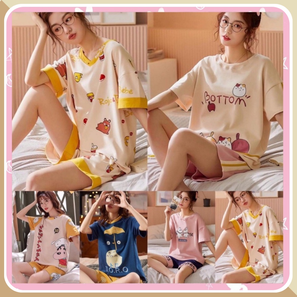 Bộ ngủ hoạt hình cộc tay tiểu thư dễ thương, cotton co giãn mềm mịn. Hàng xuất khẩu cao cấp