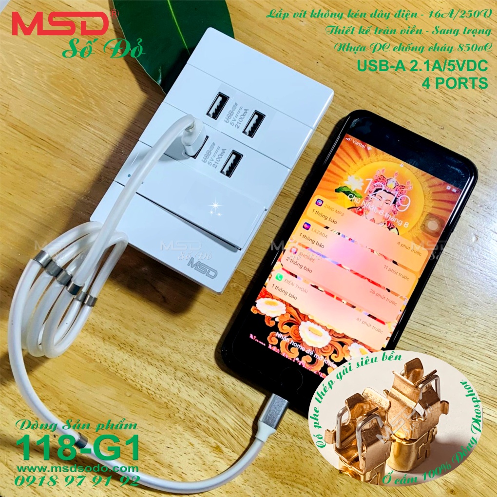 SẠC ĐIỆN THOẠI ÂM TƯỜNG 4 USB  2.1A/5VDC + 1 Ổ CẮM 2 CHẤU 16A/220V - SERAIL 118G1