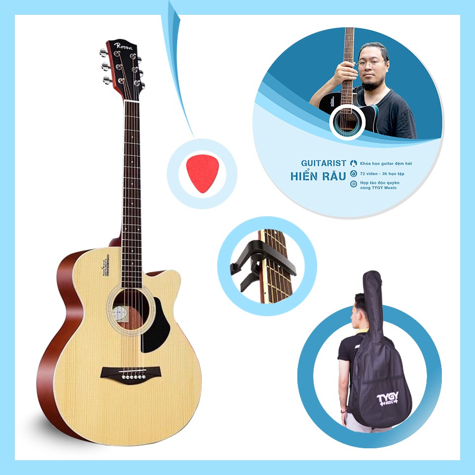 Combo đàn guitar acoustic Rosen G11NA-A (vàng gỗ) và khóa học guitar Hiển Râu (trị giá 699k)