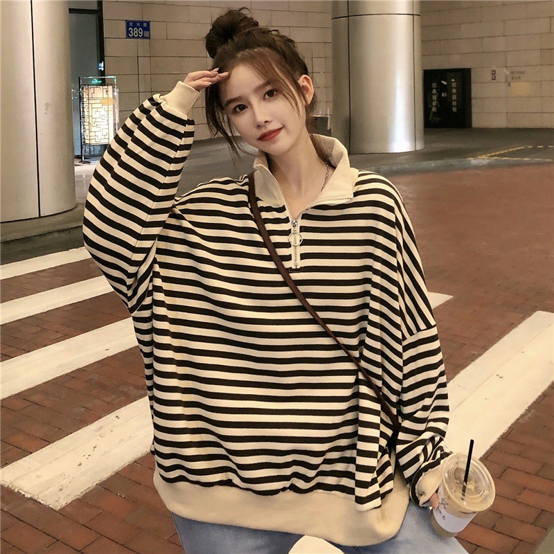 Áo sweater tay dài cổ bẻ kẻ sọc caro phối khóa kéo kiểu Hàn Quốc cá tính