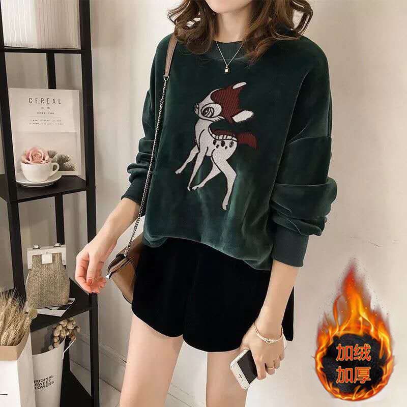 Áo sweater vải nhung dày hai mặt dáng rộng thêu họa tiết thời trang thu đông mới dành cho nữ 2021