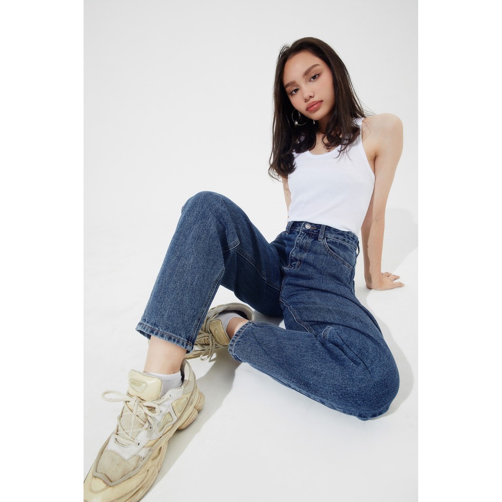 TheBlueTshirt - Quần Jeans Lưng Cao Nữ Ống Suông Màu Đậm - The Original Mom Jeans - True Blue Wash