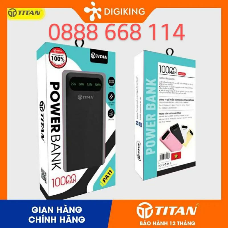 Sạc dự phòng Titan PA11 chính hãng 10.000mAh 02 đầu ra nhanh 5V-2.1A