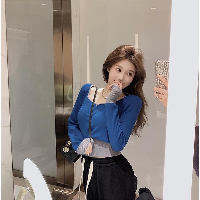 Áo ZHELIHANGFEI dệt kim giả hai mảnh tay dài eo cao đa năng quyến rũ