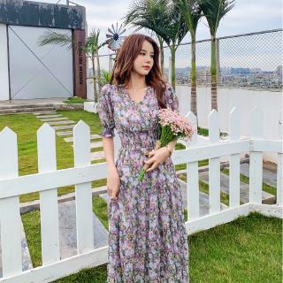 Đầm chiffon tay ngắn cổ chữ v in hoa phong cách hàn quốc