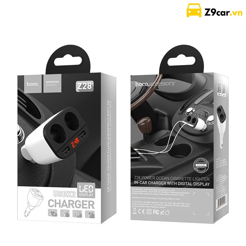 Bộ Chia Tẩu Sạc HOCO Z28 kèm 2 Cổng USB màn hình Led hiển thị dòng điện - Chính hãng