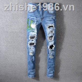 Amiri Jeans⊕♗♟Foreign trade fashion jeans male hole in Europe and the United States high street blue trousers of culti