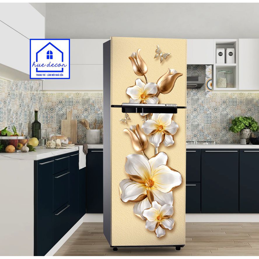 Decal trang trí  tủ lạnh - máy giặt Hoa vàng 3D sang trọng HUE DECOR- siêu bền chống nước