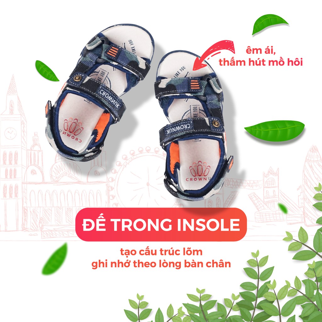 Dép Quai Hậu Bé Trai Đi Học Chính Hãng Crown Space UK Sandals Trẻ em Nam Cao Cấp CRUK533 Nhẹ Êm Size 26-35/2-14 Tuổi