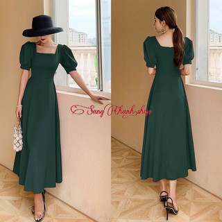 Váy dự tiệc xanh rêu cổ vuông tay phồng | đầm công sở sang chảnh