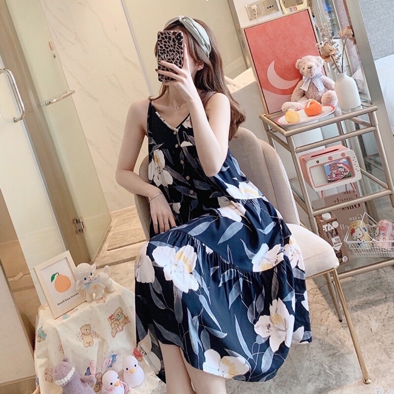 Váy lanh lụa cotton, váy ngủ, váy bầu mềm mát hoạ tiết trẻ trung, trang nhã