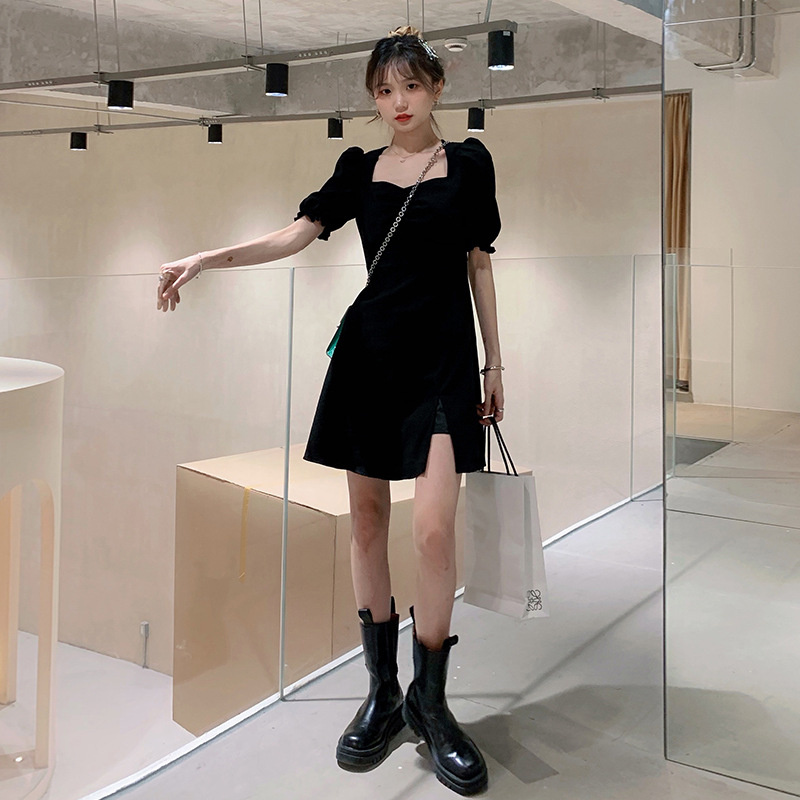 Đầm Màu Đen Tay Phồng Thiết Kế Xẻ Tà Phong Cách Pháp Thời Trang Mùa Hè Cho Nữ
