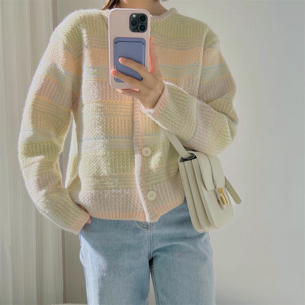𝗺𝗶𝗲 𝘀𝘁𝘂𝗱𝗶𝗼 - HÀNG CÓ SẴN Cardigan rainbow khoác len phối màu tươi sáng boutique xinh xắn