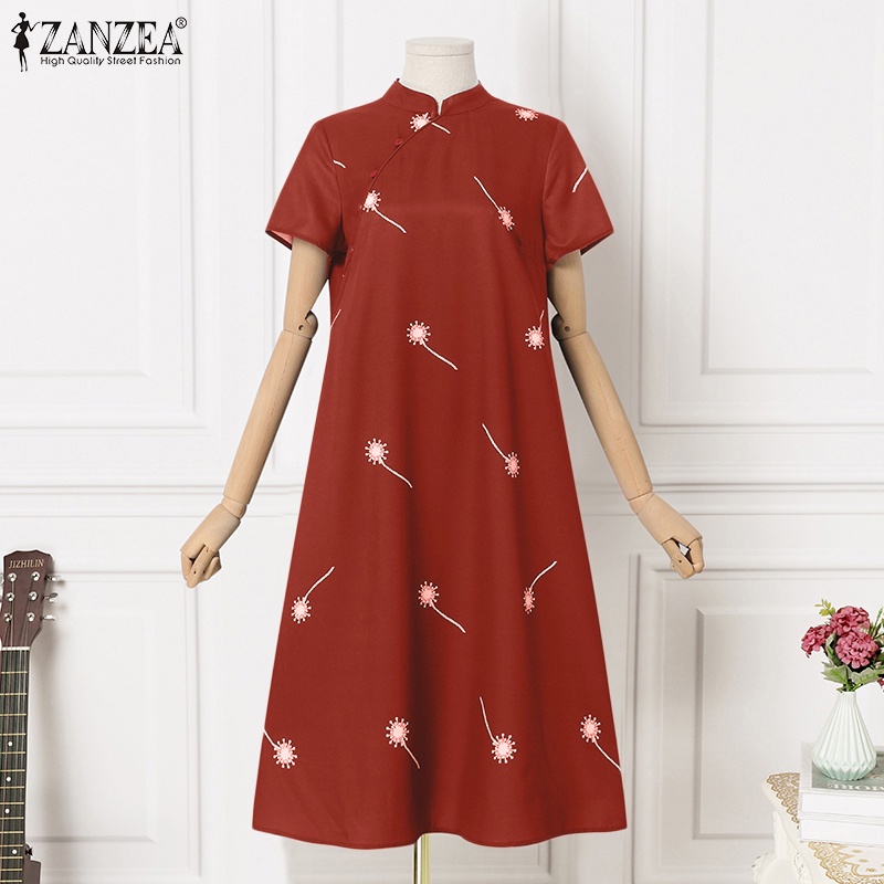 Đầm midi Zanzea ngắn tay cổ đứng in họa tiết thời trang cho nữ