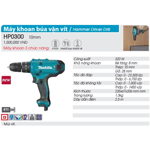 Máy Khoan Búa và Vặn Vít Makita HP0300
