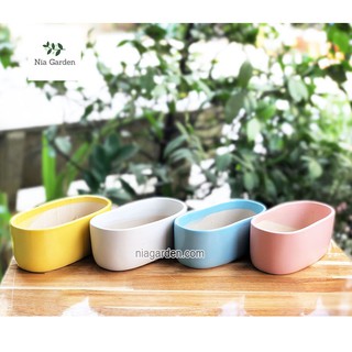 Chậu sứ thuyền ang dài trồng sen đá tiểu cảnh Nia Garden N1