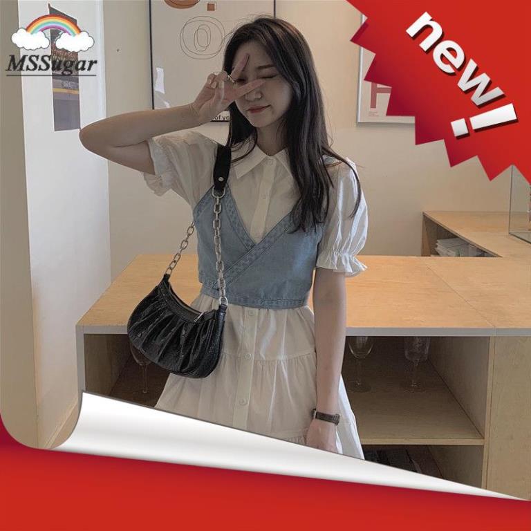 Váy nữ Set đầm sơ mi tay bo phồng + áo yếm denim duyên dáng dành cho phái đẹp 2020 có bán lẻ Váy