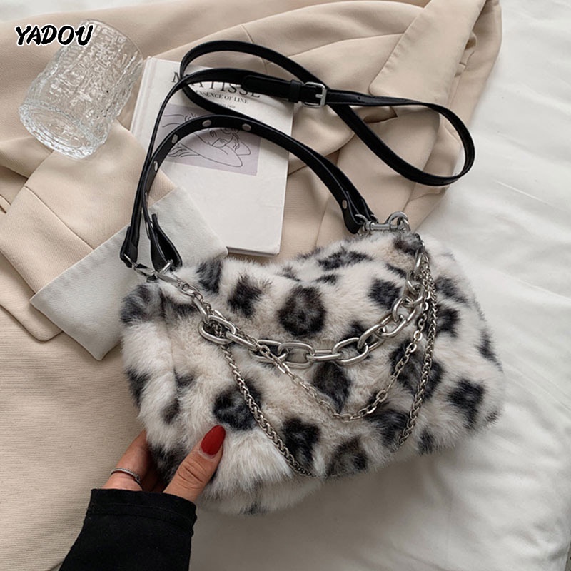 Túi đeo chéo YADOU phối lông dây xích thời trang thu đông cho nữ