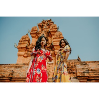 Váy boho vạt chéo sẵn 2 màu: đỏ, vàng