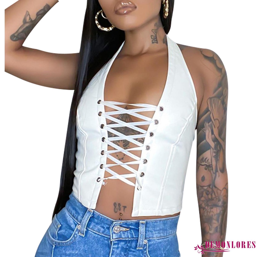 Áo croptop không tay chất liệu da pu thiết kế màu trơn thanh lịch