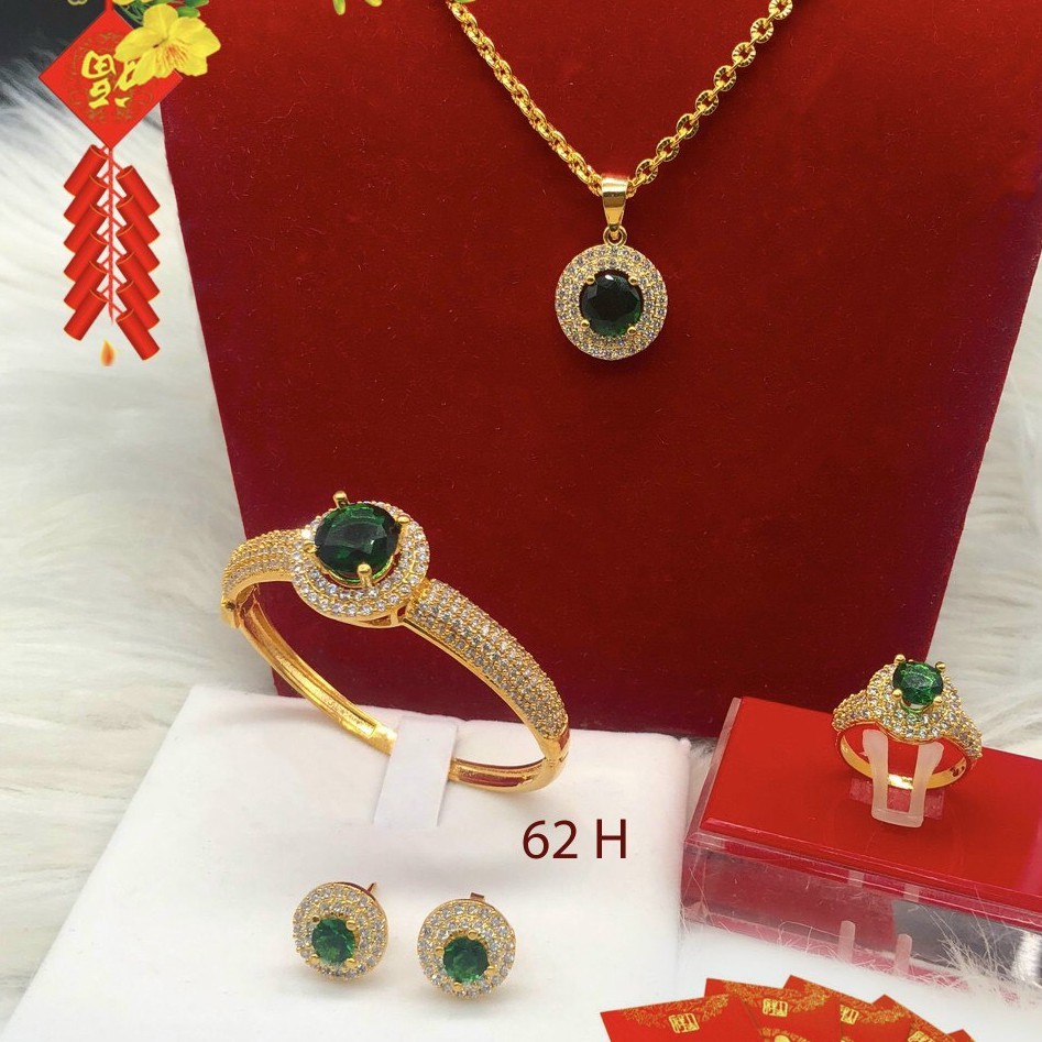 Bộ Trang Sức 5 Món Hoa Tròn Nhỏ Đá Xanh Lá - Đủ Size, Chuẩn Màu Vàng, Hàng Y Hình