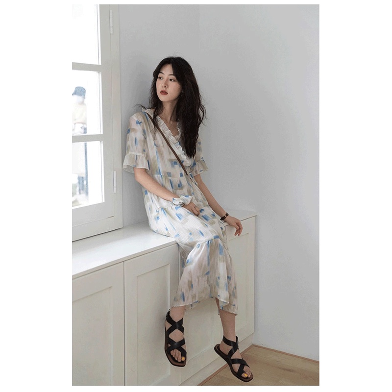 Đầm Hai Dây Cổ Chữ V Vải Voan Mỏng Kẻ Sọc Caro Thời Trang Phong Cách Hàn Quốc Cho Nữ