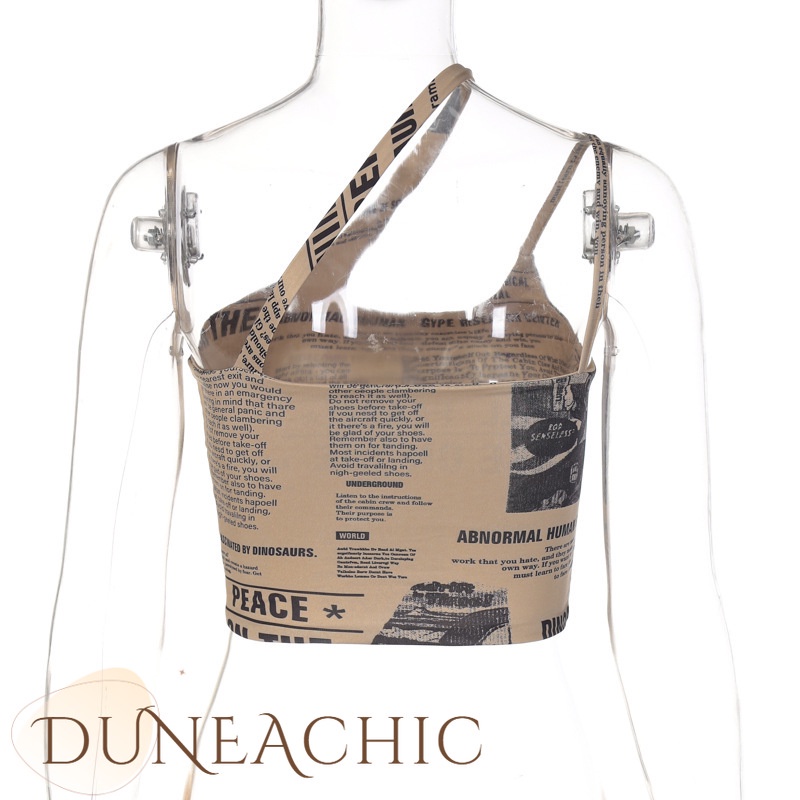 DUNEA Áo Hai Dây In Họa Tiết Tờ Báo Phong Cách Vintage Quyến Rũ Cho Nữ