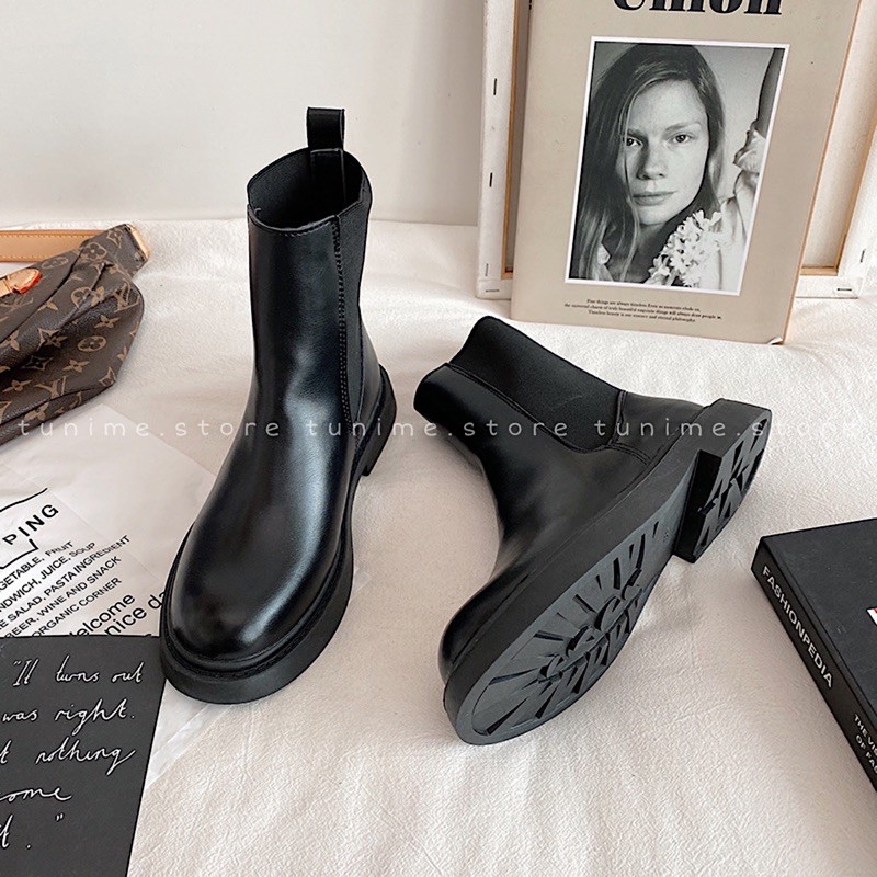 (CÓ SẴN - Đen) Giày boot chelsea da bò trơn cao cổ ulzzang cao cấp Tunime Store