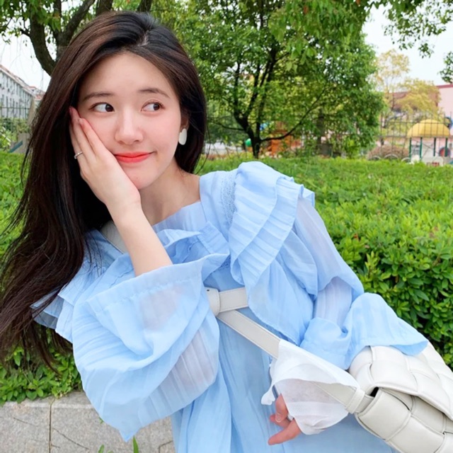 Áo sơ mi nữ vải voan cổ vuông phối bèo vai búp bê điệu đà Hàn Quốc