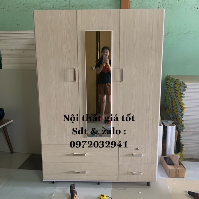 Tủ nhựa Đài Loan 3 cánh full có gương bên ngoài màu gỗ sồi
