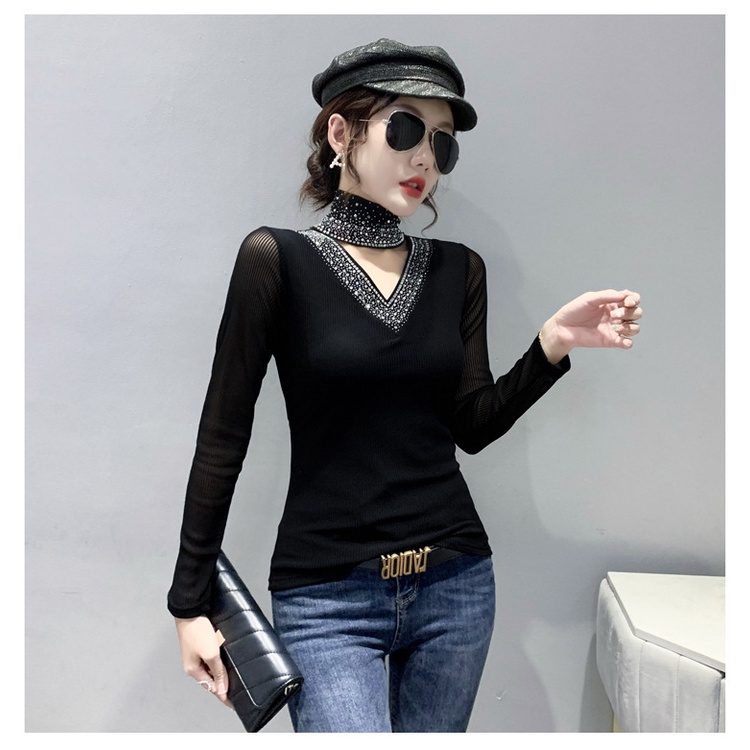 Cổ cao đính đá thời trang áo lưới dài tay Áo thun dài tay nữ